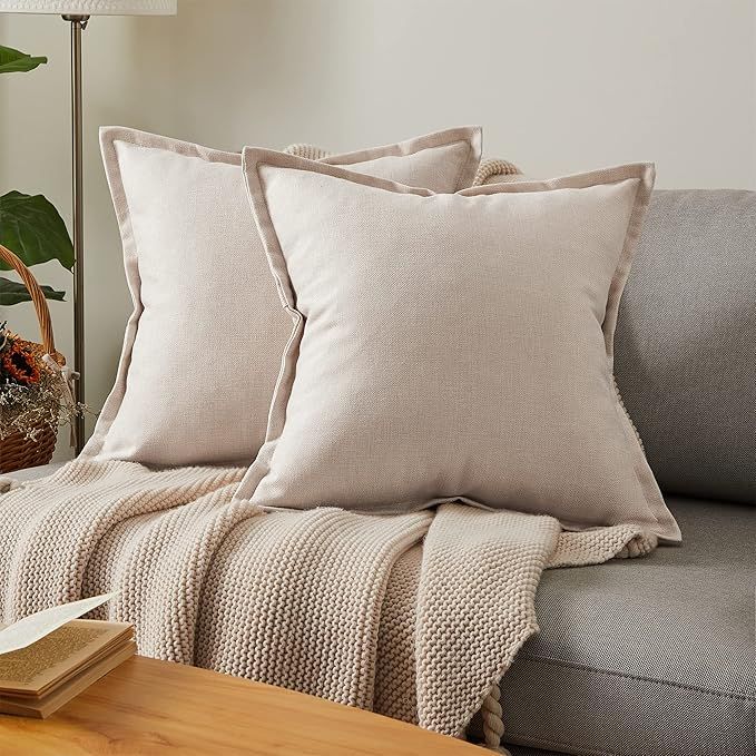 Topfinel Beige Decorative Couch Pillow Cover 18x18 Inch Set of 2,Farmhouse Linen Edges Trimmed Ac... | Amazon (US)