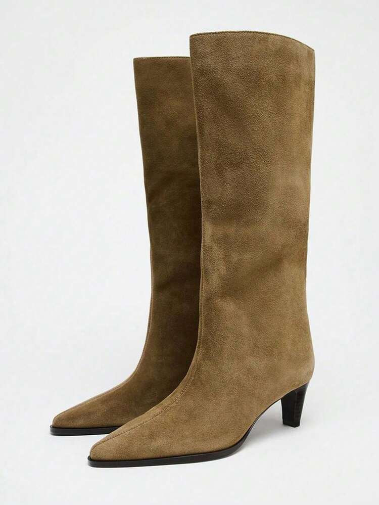 Fall/Winter Western Style Holiday Minimalist High-End Kitten Heel Short Boots For Women, 2025 Wide Shaft Mid-Calf Skinny Boots, Workwear Boots,Brown Boots,Kitten Heels | SHEIN