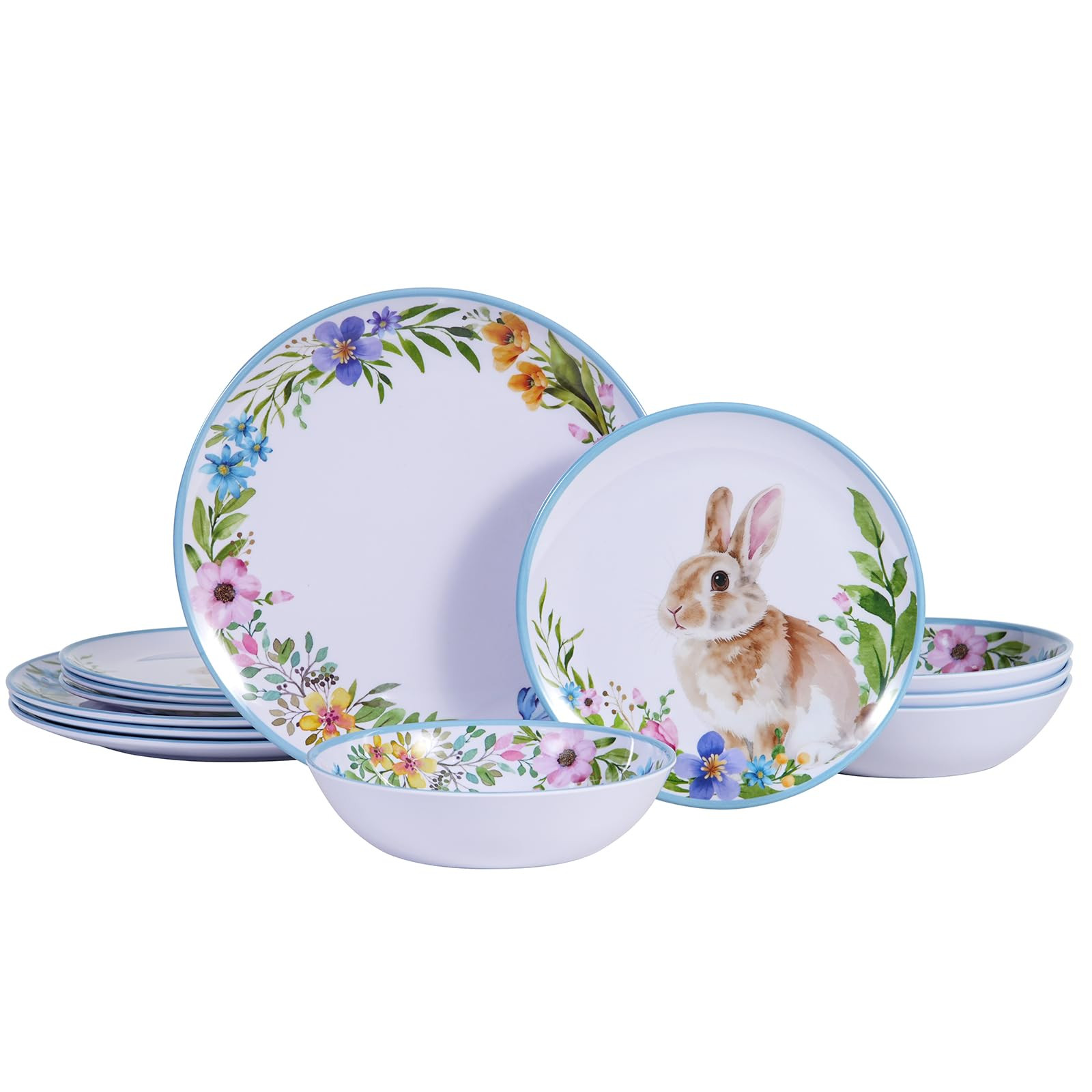 12PCS Melamine Dinnerware Set, Bunny & Floral Outdoor Dinnerware Set for 4, Unbreakable Easter Pl... | Amazon (US)