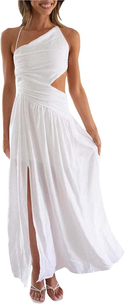 Womens 2024 Summer Dresses Halter Neck Boho Long Floral Dress Backless Ruffle Hem Flowy Tiered Ma... | Amazon (US)