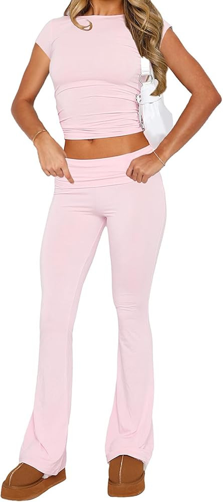 AoMoon 2 Piece Lounge Sets for Women Short Sleeve Crop Top and Fold Over Flare Yoga Pants Comfy S... | Amazon (CA)