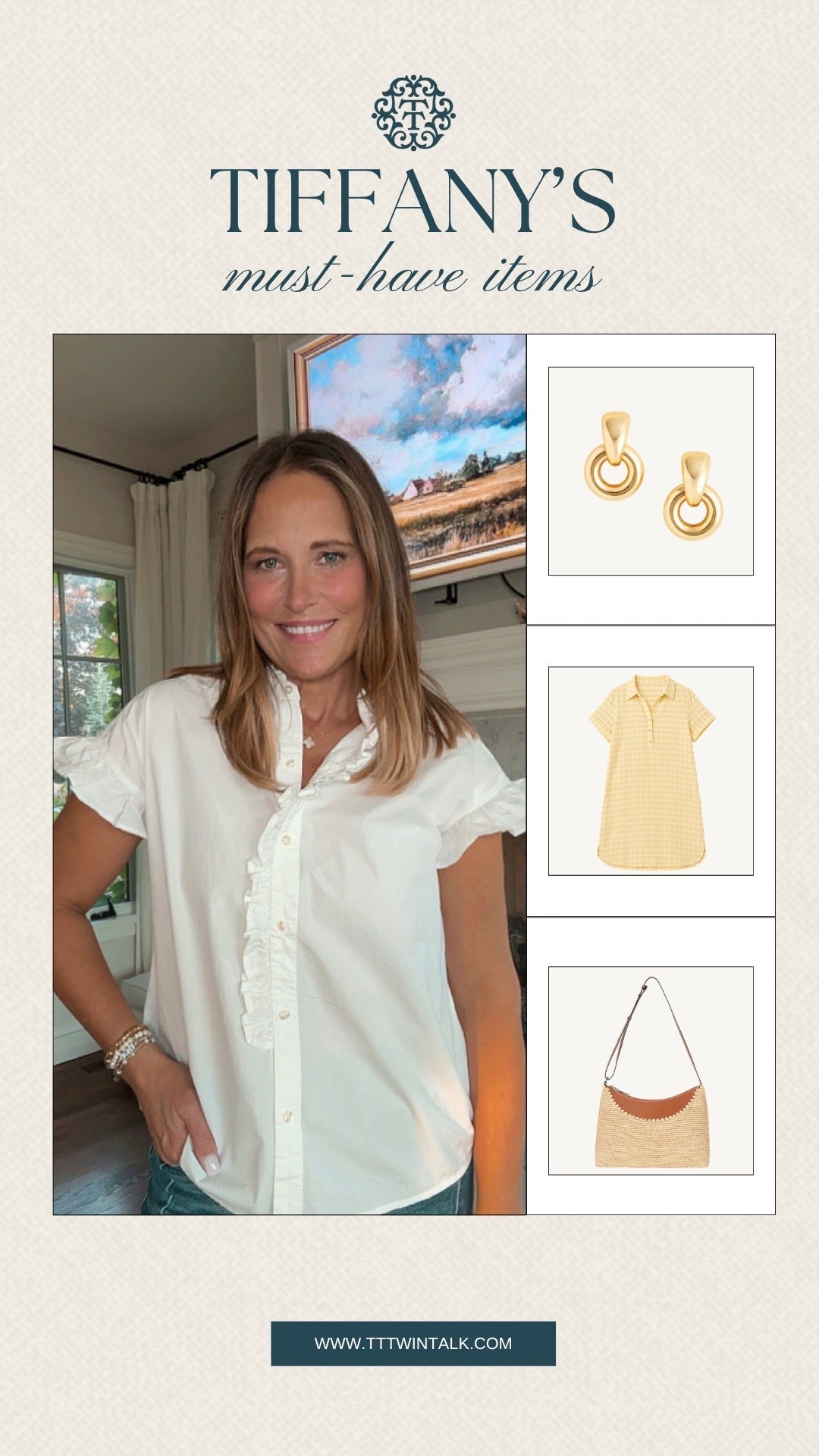 Tiffany’s must-have items are the ones that make everyday dressing feel easy. Gold earrings, a woven bag, and a pop of yellow bring together pieces she can keep styling different ways. The kind of picks that always seem to stay in rotation.

#LTKOver40 #LTKSeasonal #LTKMidsize
