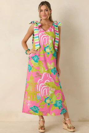 Prosperina Arden Pink Multi Chinoiserie Cotton Maxi Dress | Red Dress