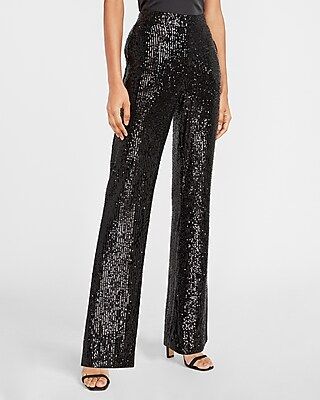 High Waisted Sequin Wide Leg Palazzo Pant Women's Pitch Black | Express