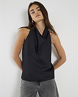 Black Satin Halter Neck Top | River Island UK & IE