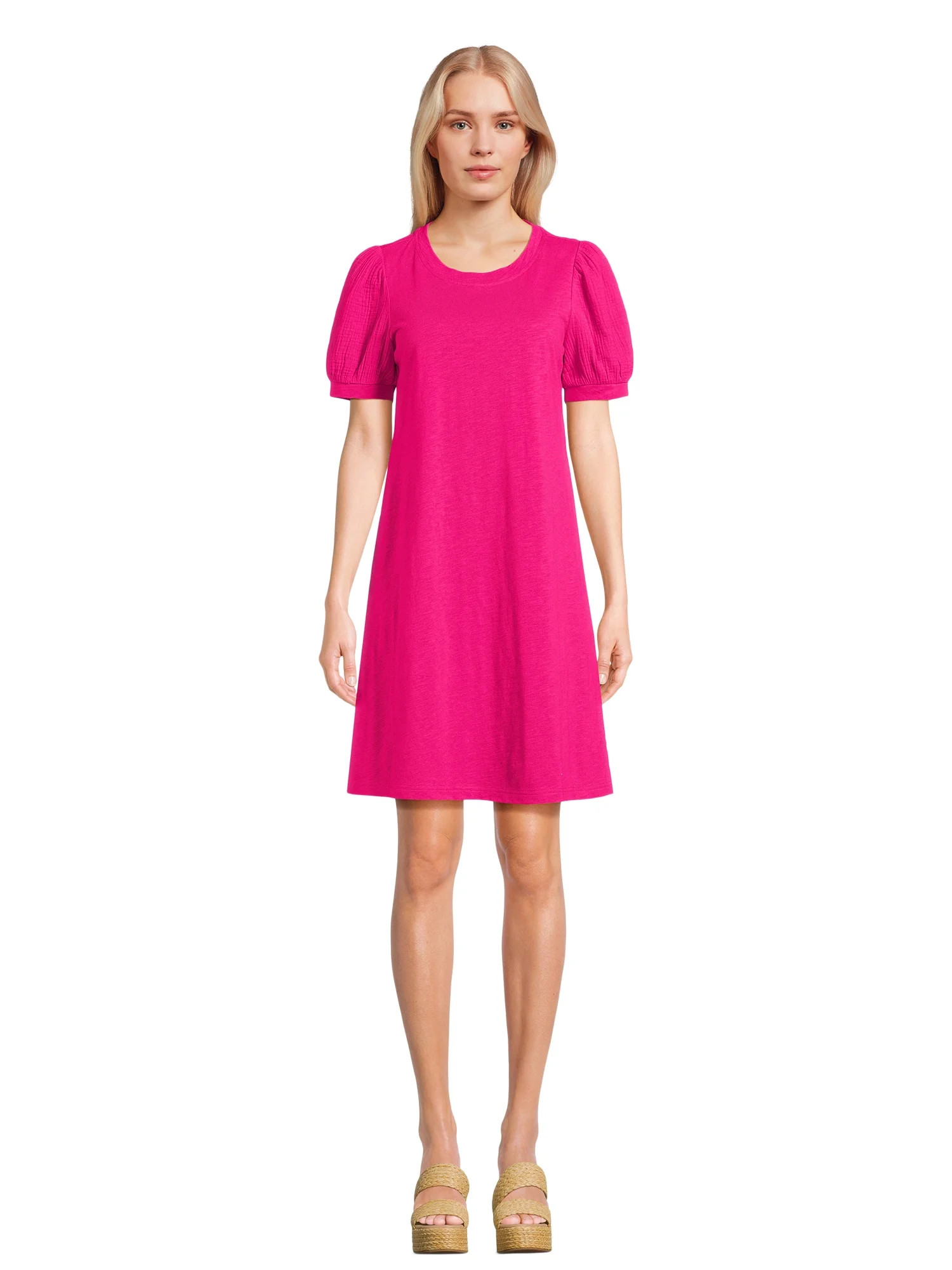 Time and Tru Women's Cotton A-Line Dress with Puff Sleeves, Sizes XS-XXXL | Walmart (US)