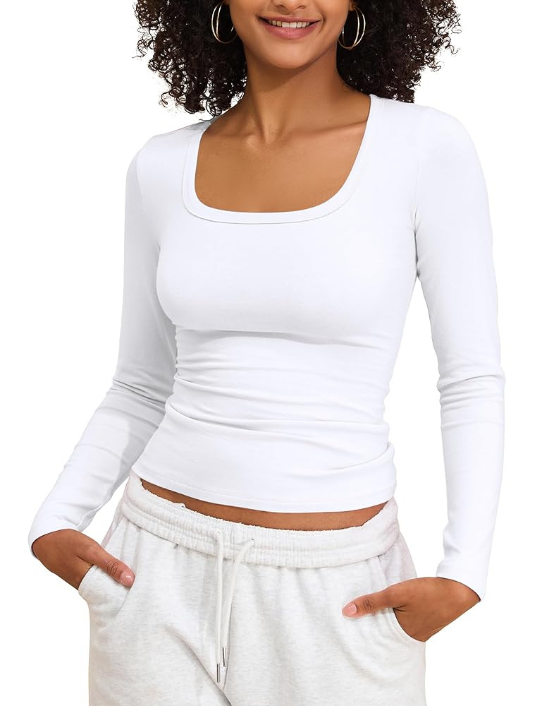 PrettyGuide Womens Long Sleeve Shirts Cotton Jersey Square Neck Going Out Tops Slim Fit Fall Casu... | Amazon (US)