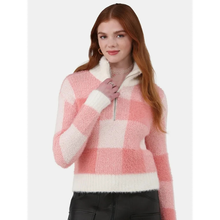 No Boundaries Plaid Quarter Zip Pullover Sweater, Women's and Women’s Plus | Walmart (US)