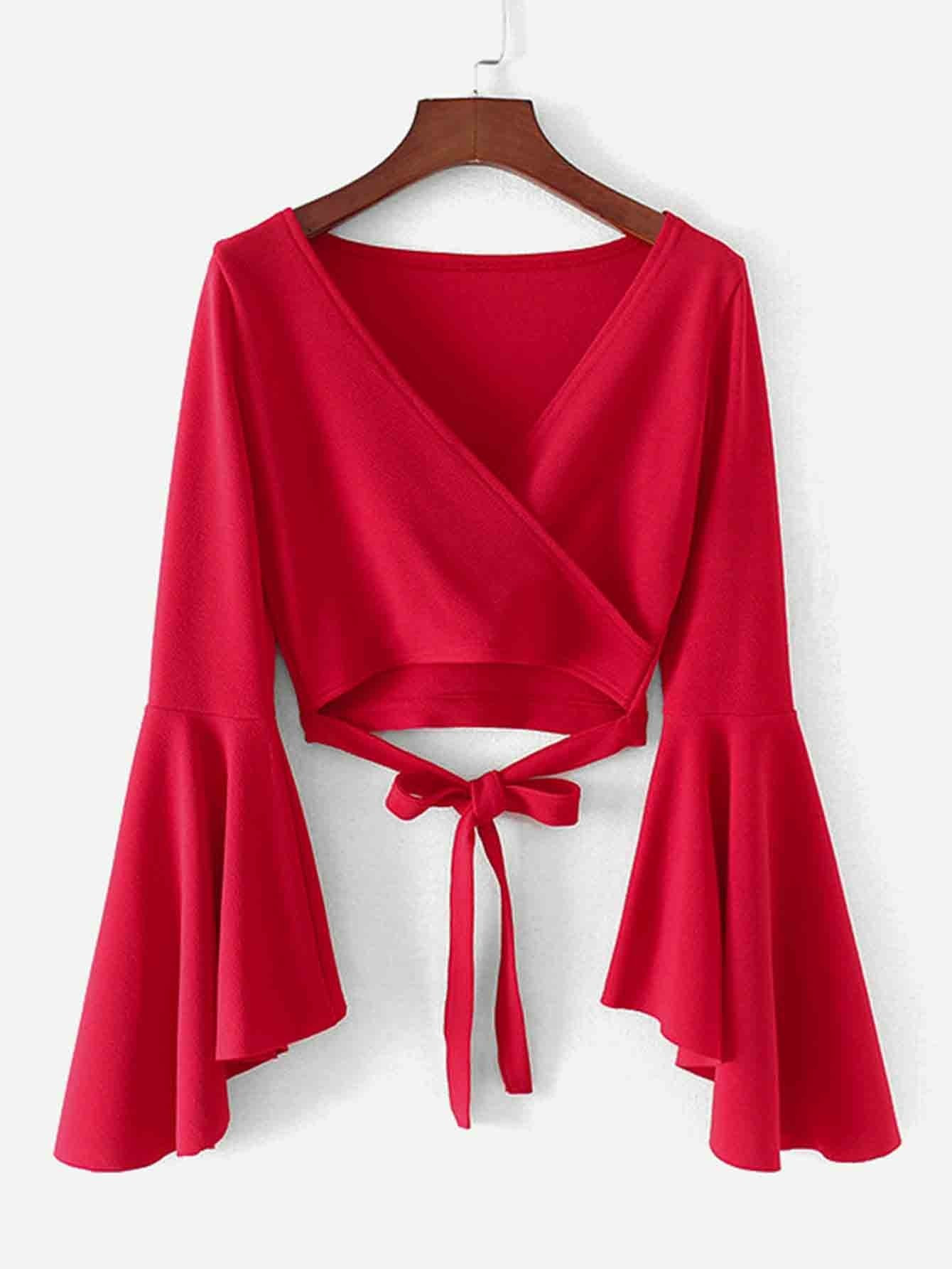 Bell Sleeve Knotted Hem Surplice Blouse | SHEIN