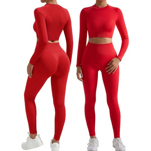 RXRXCOCO Seamless Workout Sets for Women 2 Piece Hidden Scrunch Butt Lifting Leggings Raglan Sleeves Crop Tops Matching Red Small | Amazon (US)