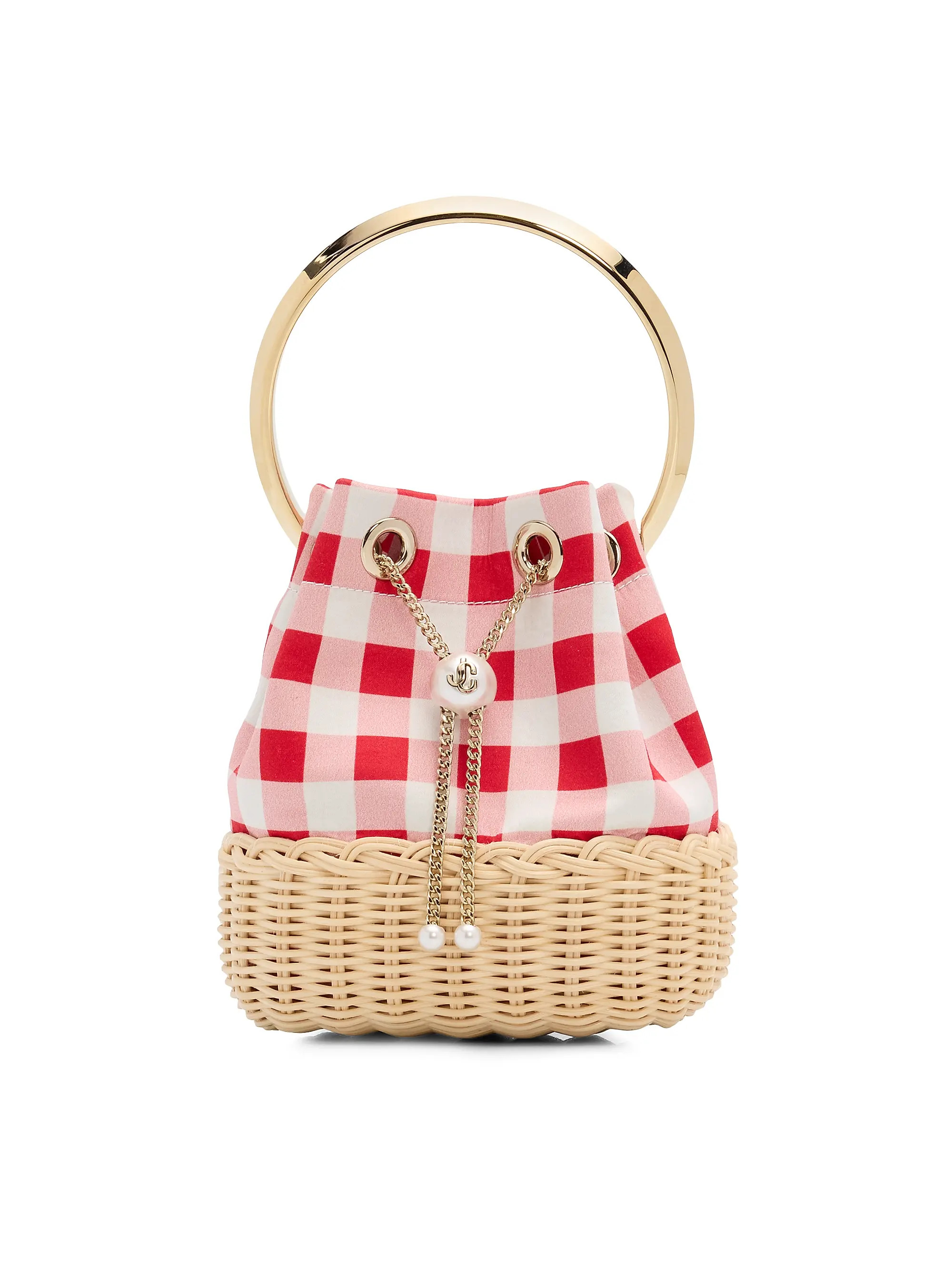 Jimmy Choo Riviera Capsule Bon Bon Gingham &amp; Wicker Bucket Bag | Saks Fifth Avenue | Saks Fifth Avenue