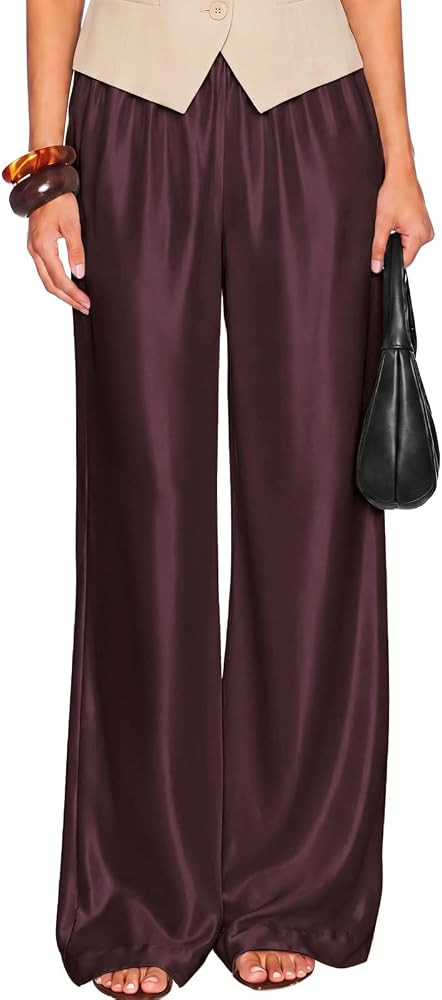 Satin Wide Leg Dress Pants Silk Flowy Long Trousers for Women | Amazon (US)
