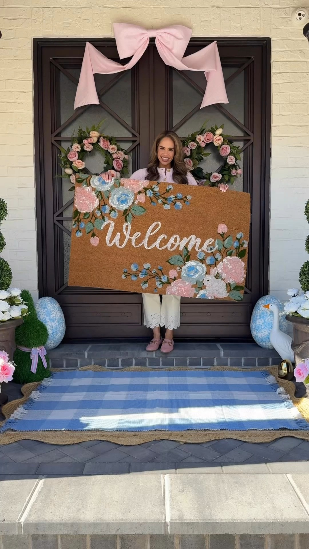 These Spring Walmart finds look Pottery Barn but are budget friendly and 
sell out fast every spring. 💐

Affordable luxury for busy moms 🙌🏼

Rug sizes:
4’x6’ jute
3’x5’ plaid
30”x48” doormat

#springporch #frontporch #frontdoordecor #homedecor #affordableluxury #easterdecor

#LTKSpringSale #LTKmomlife #LTKHome