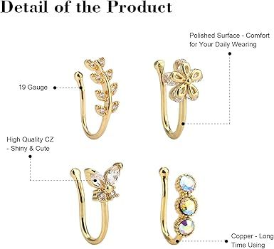 CrazyPiercing Fake Nose Ring CZ African Nose Cuffs Gold Faux Septum Nose Rings Clip on Nose Jewel... | Amazon (US)