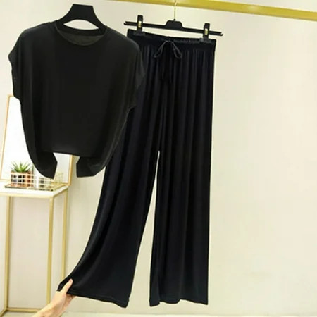 uublik Womens Matching Lounge Set Casual Short Sleeve Pullover Tops and Drawstring Wide Leg Pants Lounge Sets Black XXL | Walmart (US)