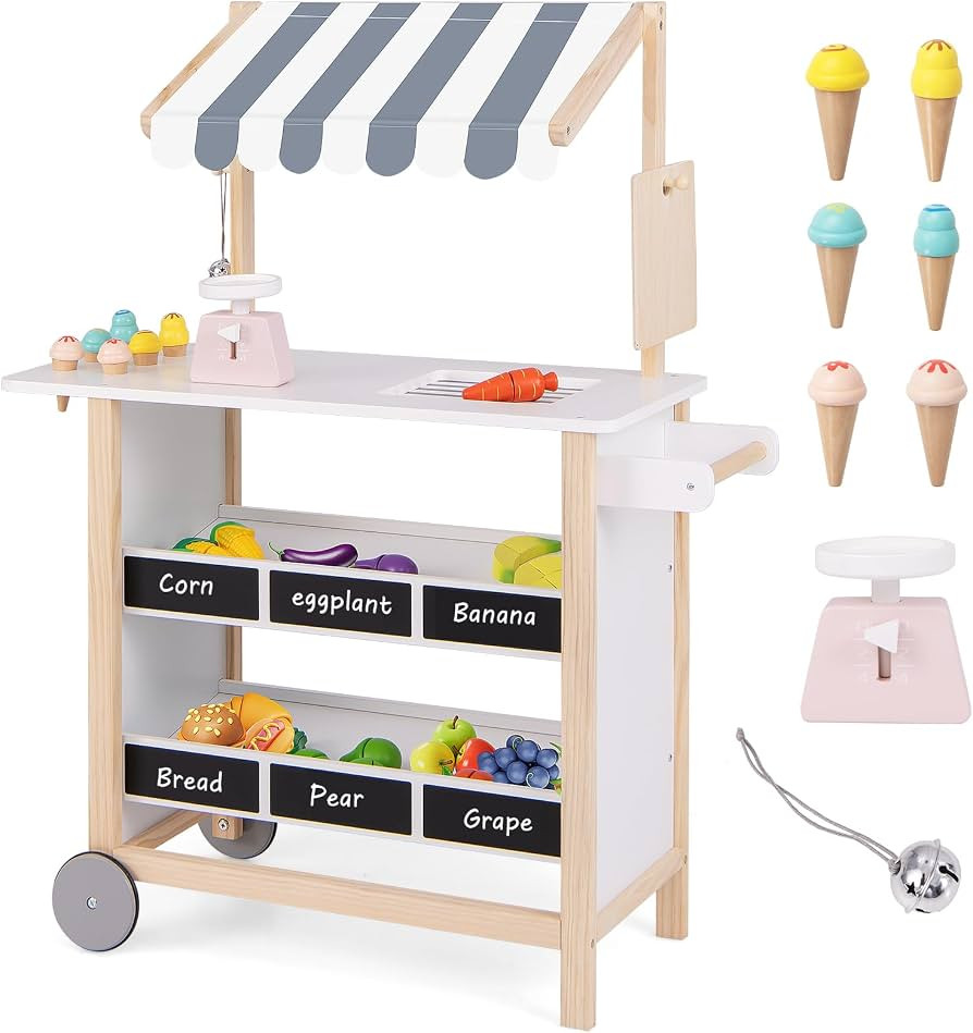HONEY JOY Kids Ice Cream Cart, Wooden Grocery Store Playset w/6 Pieces Play Food, Realistic Bell ... | Amazon (US)