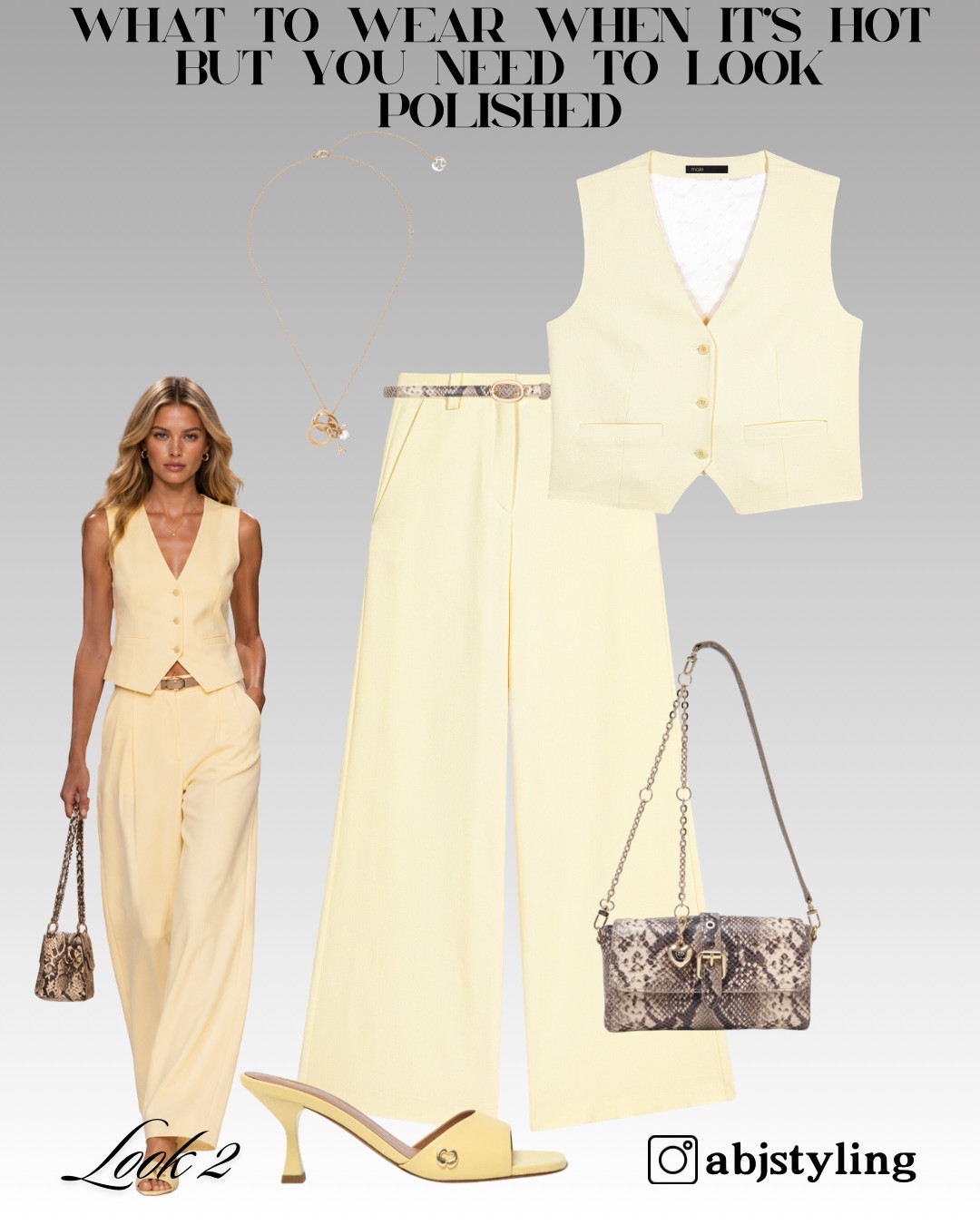 Soft tailoring for warm days. This butter-yellow waistcoat and wide-leg trouser set feels polished without the weight of a full suit, finished with a snakeskin bag, delicate necklace and matching kitten-heel mules.

Styling tip: Wearing one colour from top to toe creates a longer, cleaner silhouette. Use a printed accessory to break up the tonal look.

#LTKuk #LTKsummer #LTKeurope