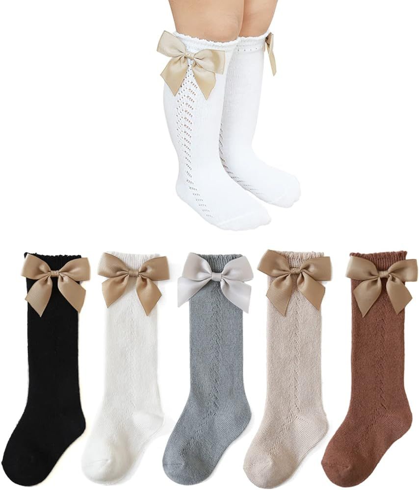 Baby Girls Knee High Socks Baby Girls Bow Stockings Cotton Uniform Stockings Dress Socks 5 Pack,0... | Amazon (US)