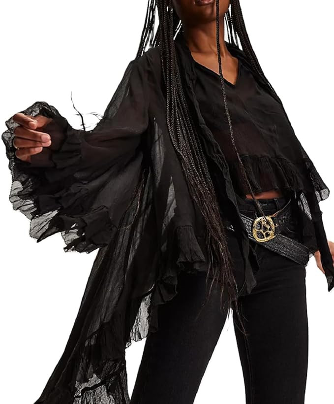 Women Full Sleeve Frill Tops Sexy See Through Sheer Ruffle Trim Blouse Top Self Tie Neck Shawl Sh... | Amazon (US)