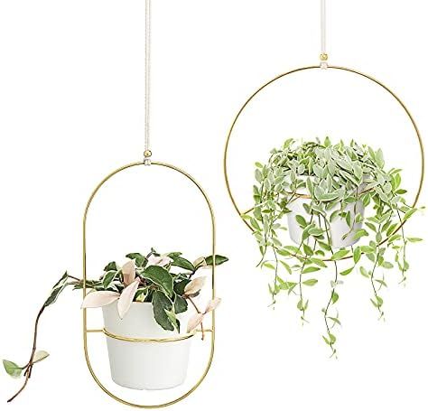 Mkono Boho Hanging Planter, Set of 2 Metal Plant Hanger with Plastic Pots, Modern Mid Century Flower | Amazon (US)