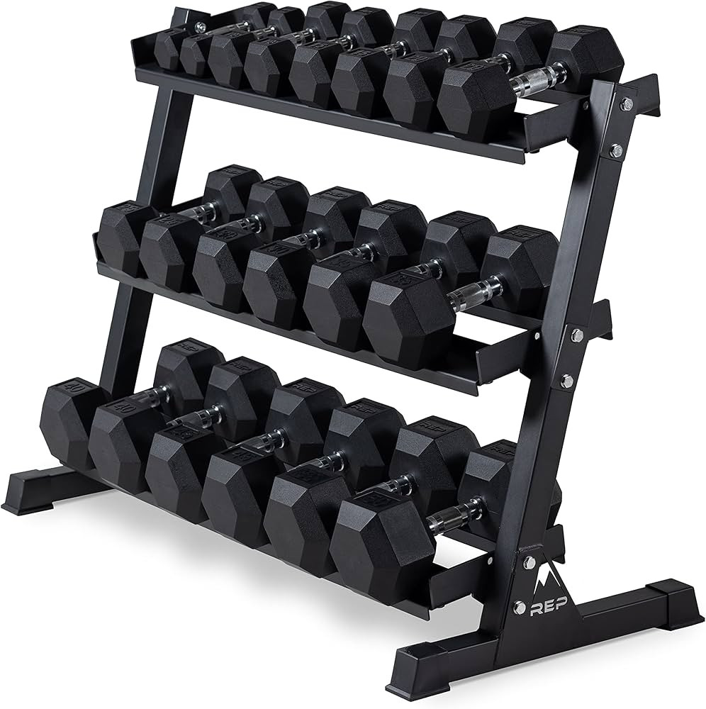 REP FITNESS 5 to 50 Ergo Dumbbell Set with Matte Black 3-tier Dumbbell Rack | Amazon (US)