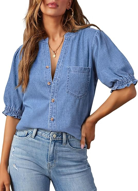 Dokotoo Women Denim Shirt Button Down Casual Short Sleeve V Neck Blouse Summer Tops | Amazon (US)