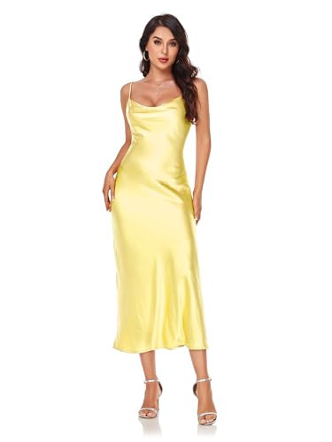 Women's Spaghetti Strap Midi Satin Silk Dresses Slip Cowl Neck Party Cocktail Evening Sexy Dress Yellow | Amazon (US)