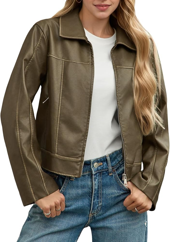 Yousify Womens Faux Leather Jacket Casual Zip Up Motorcycle Long Sleeve Collared Fall Cropped Coa... | Amazon (US)