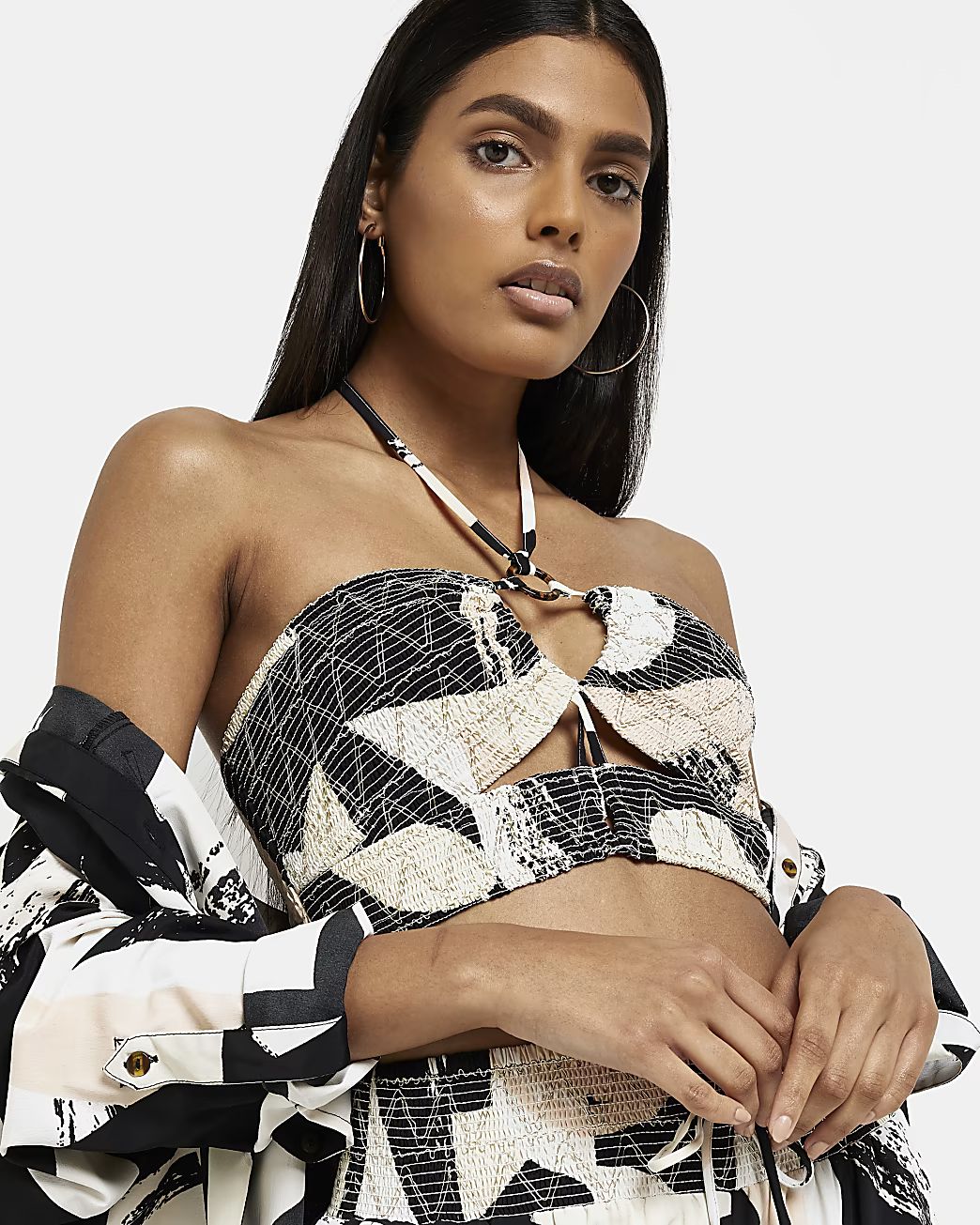 Cream printed halter neck cropped top | River Island (UK & IE)