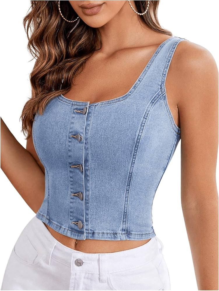 MakeMeChic Women's Denim Tops Sleeveless Square Neck Button Down Slim Fitted Y2k Crop Tank Tops | Amazon (US)