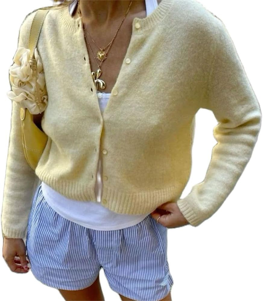 Women Y2k Crop Cardigan Sweater Crop Button Down Cardigan Cute Long Sleeve Sweater Open Front Lig... | Amazon (US)