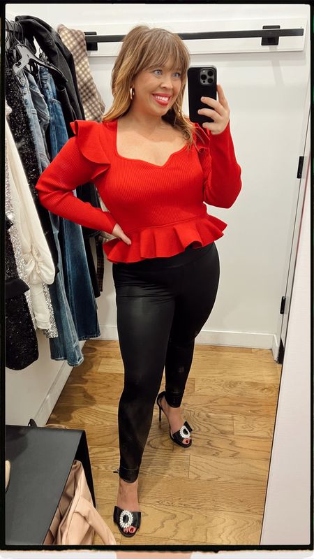 Express holiday tops are all 50% off. I’m wearing this red peplum sweater tops in a size large. Heels are also express and 50% off right now. 

#LTKCyberweek #LTKunder100 #LTKSeasonal