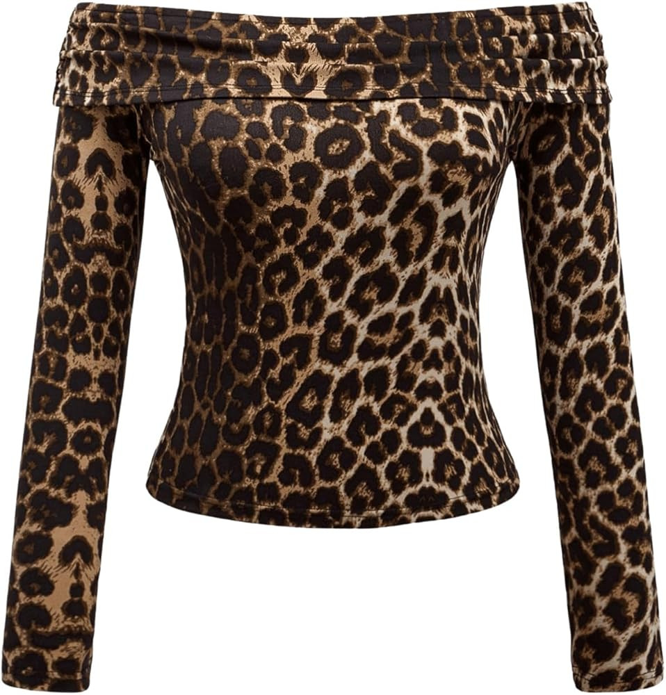Milumia Women Off The Shoulder Long Sleeve Leopard Tees Shirts Trendy Ruched Tops | Amazon (US)
