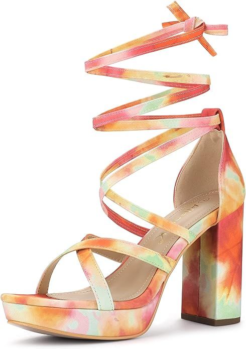 Allegra K Women's Tie Dye Platform Chunky Heel Lace Up Sandals | Amazon (US)