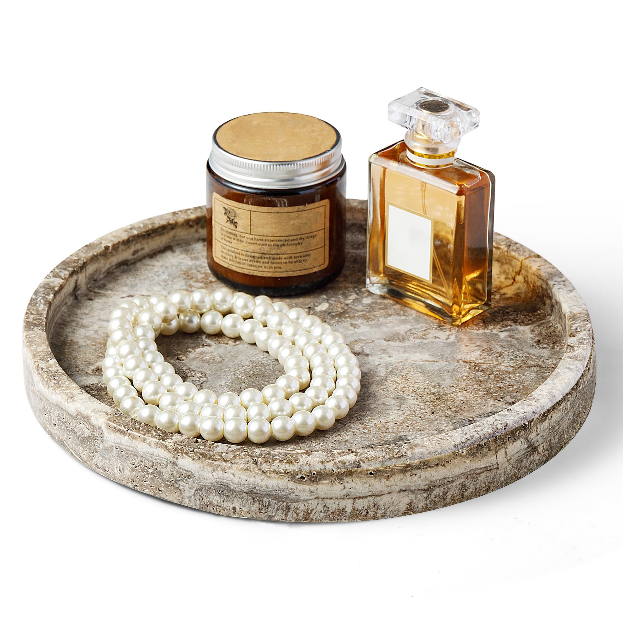 Round Marble Vanity Tray, Gray Travertine,Natural Marble Stone Decorative Tray for Counter, Bathr... | Amazon (US)