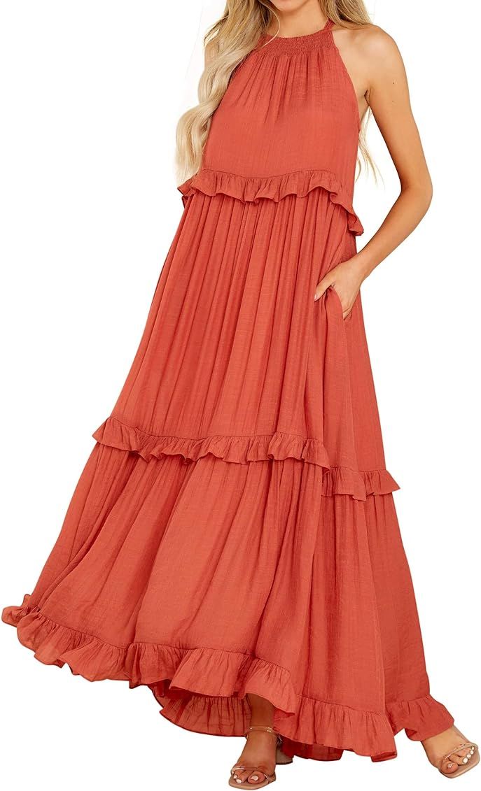 R.Vivimos Womens Summer Dress Cotton Sleeveless Halter Layered Ruffles Casual Boho Flowy Maxi Dress | Amazon (US)