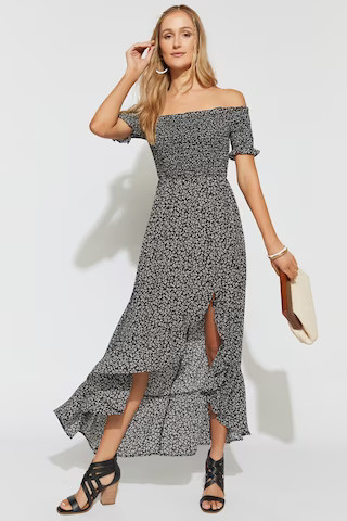 Norah Black Ditsy Floral Off The Shoulder Maxi Dress | Francesca's