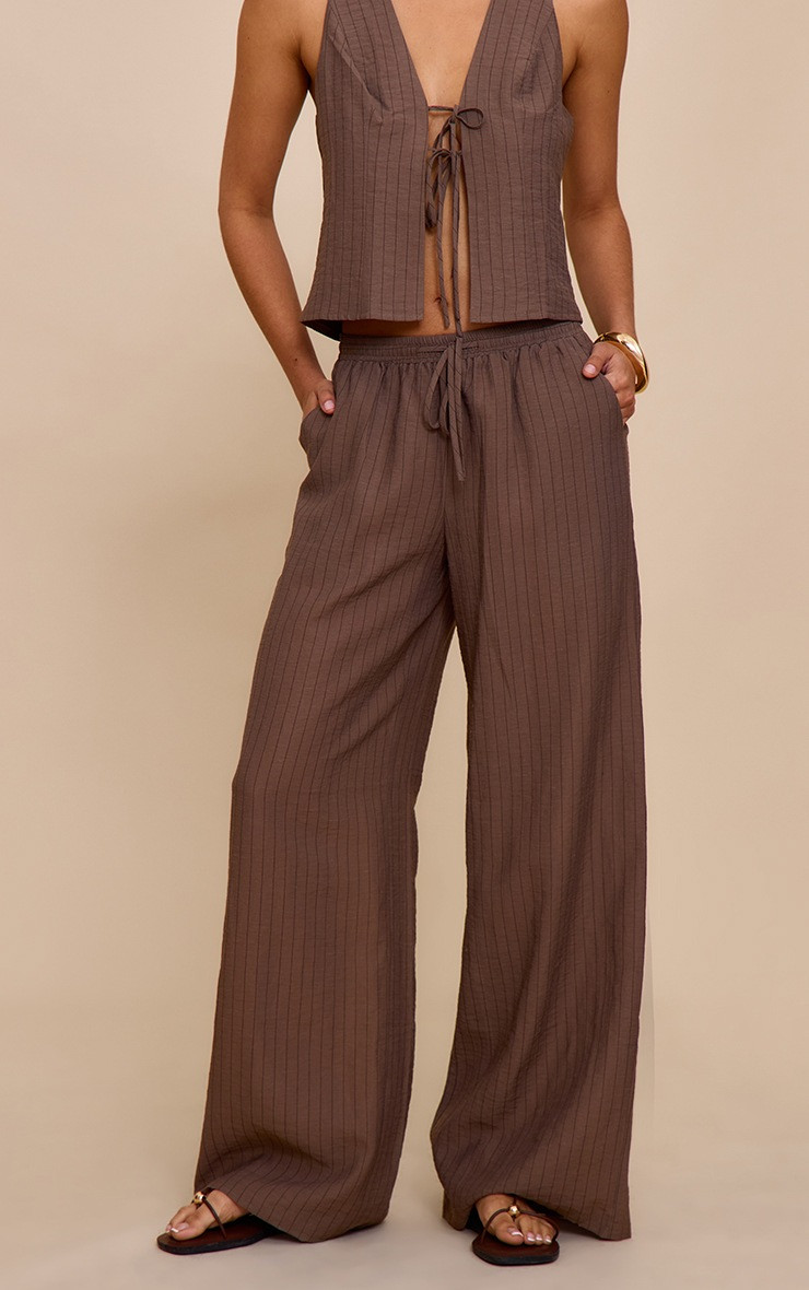 Brown Pinstriped Drawstring Wide Leg Trousers | PrettyLittleThing UK