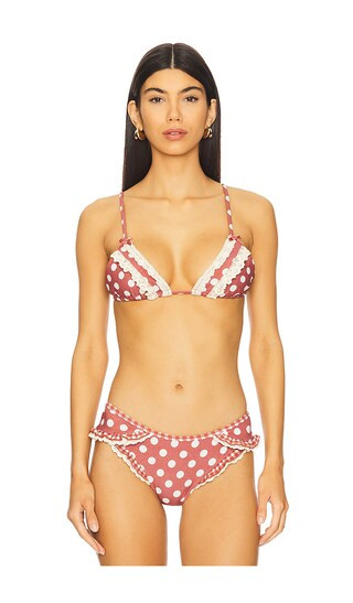 Denim Dot Triangle Bikini Top in Red | Revolve Clothing (Global)