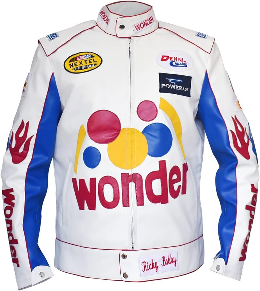 Mens Ricky Bobby Racing White Faux Leather Motorcycle Wonder Jacket, XXS-5XL | Amazon (US)
