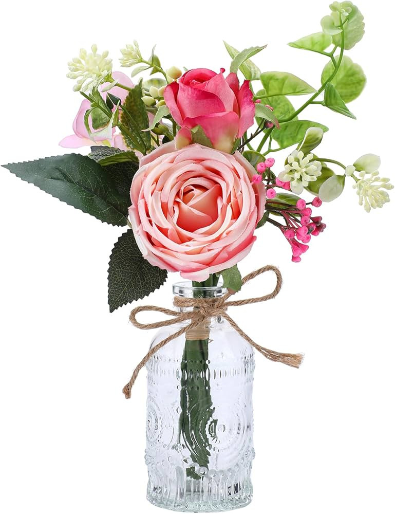 AFRITEE Flowers Bouquet in Small Vase - Pink Rose Artificial Fake Centerpiece Potted Flowers with... | Amazon (US)
