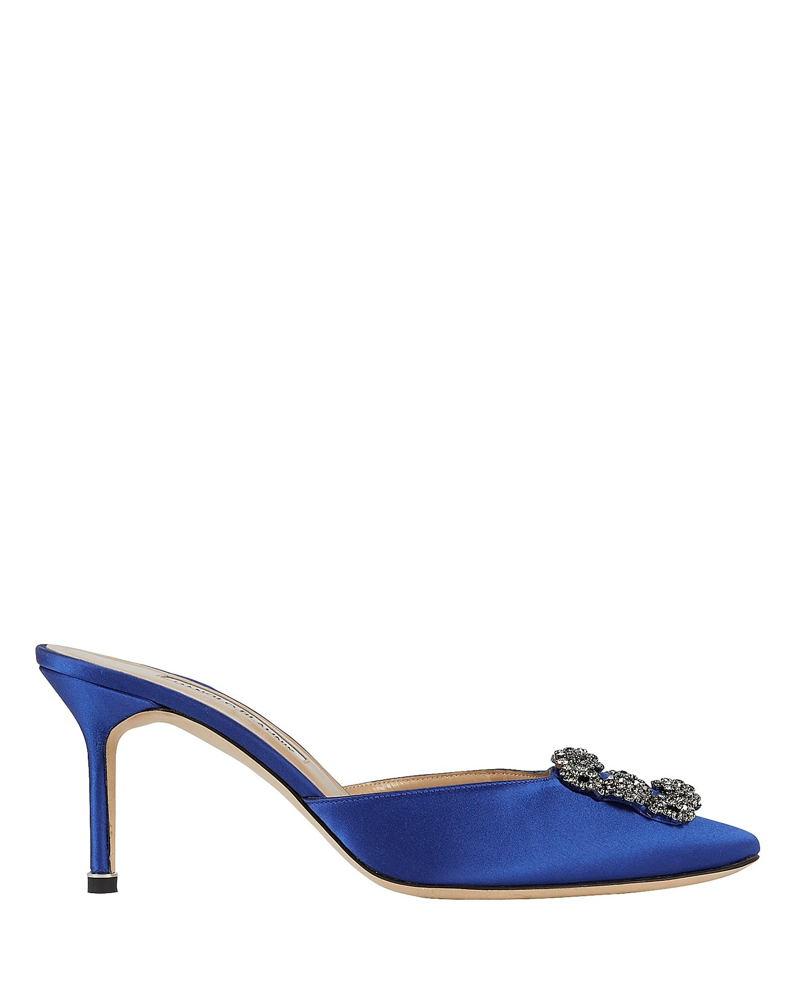 Manolo Blahnik Hangisi Crystal Satin Mules, Blue 38 | INTERMIX