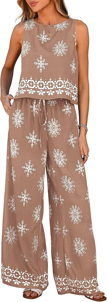 PRETTYGARDEN Women's 2026 Summer 2 Piece Lounge Sets Boho Floral Tank Tops Flowy Wide Leg Pants T... | Amazon (US)