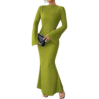 Narecte Women's Fall Maxi Dresses 2024 Boho Solid Color Mermaid Hem Flare Sleeve S-XL | Amazon (US)