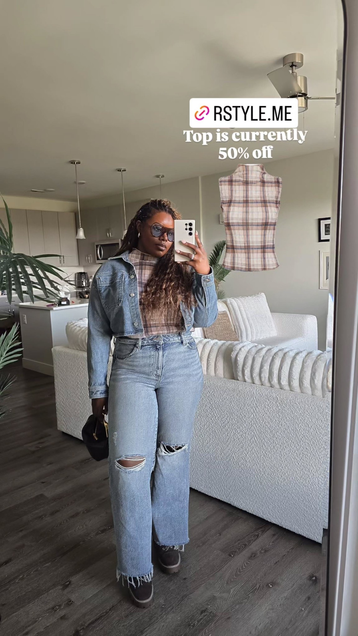  I paired a cropped jean jacket with high-waisted ripped denim for that classic, laid-back vibe. Layered it over a neutral plaid mock neck for a little texture and topped it off with platform boots and a mini bag. 

#LTKFindsUnder100 #LTKMidsize #LTKSaleAlert