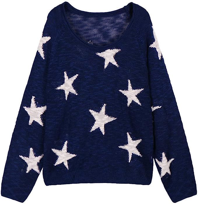 COCOLEGGINGS Women's Boat V Neck Long Sleeve Star Pullover Sweater Tunic Tops | Amazon (US)