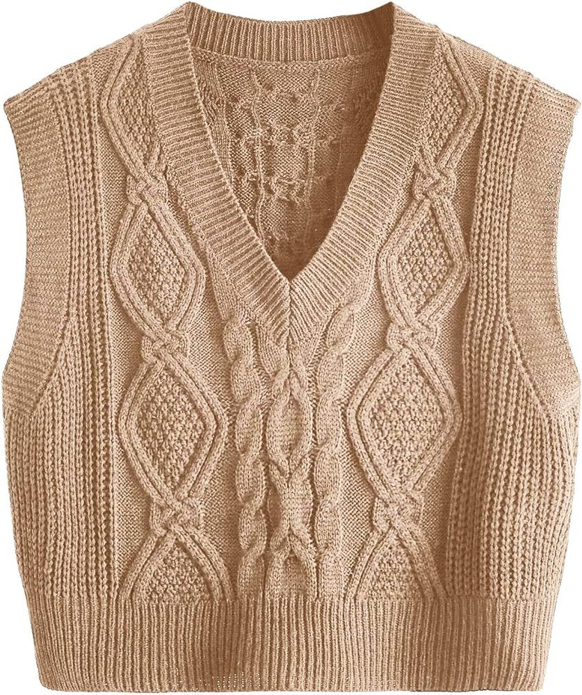 OYOANGLE Women's Plus Size Cable Knit Sleeveless V Neck Sweater Vest Knitwear Tank Top | Amazon (US)