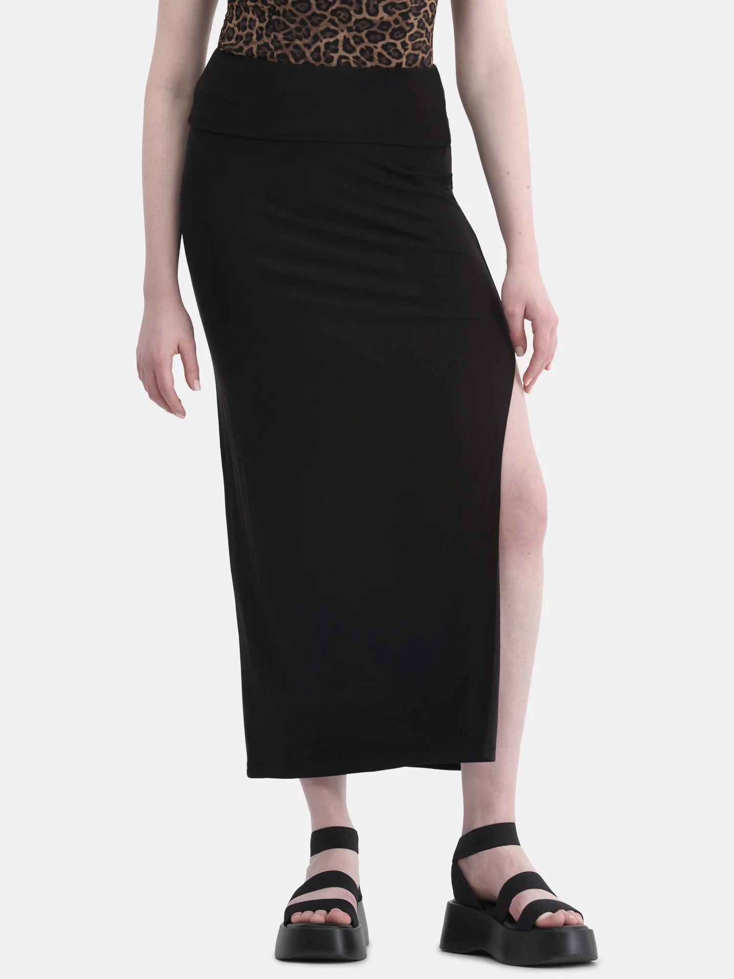 No Boundaries Knit Foldover Slit Maxi Skirt, Women's and Women’s Plus | Walmart (US)