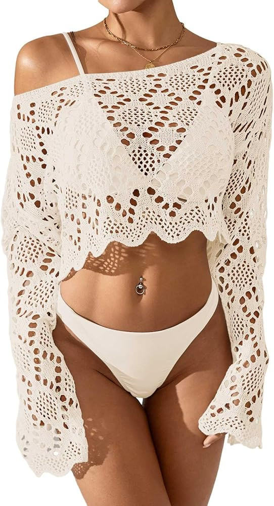 BreathSunny Womens Crochet Swimsuit Coverup Cropped Tops Summer 2025 Off Shoulder Ruffle Trim Bea... | Amazon (US)