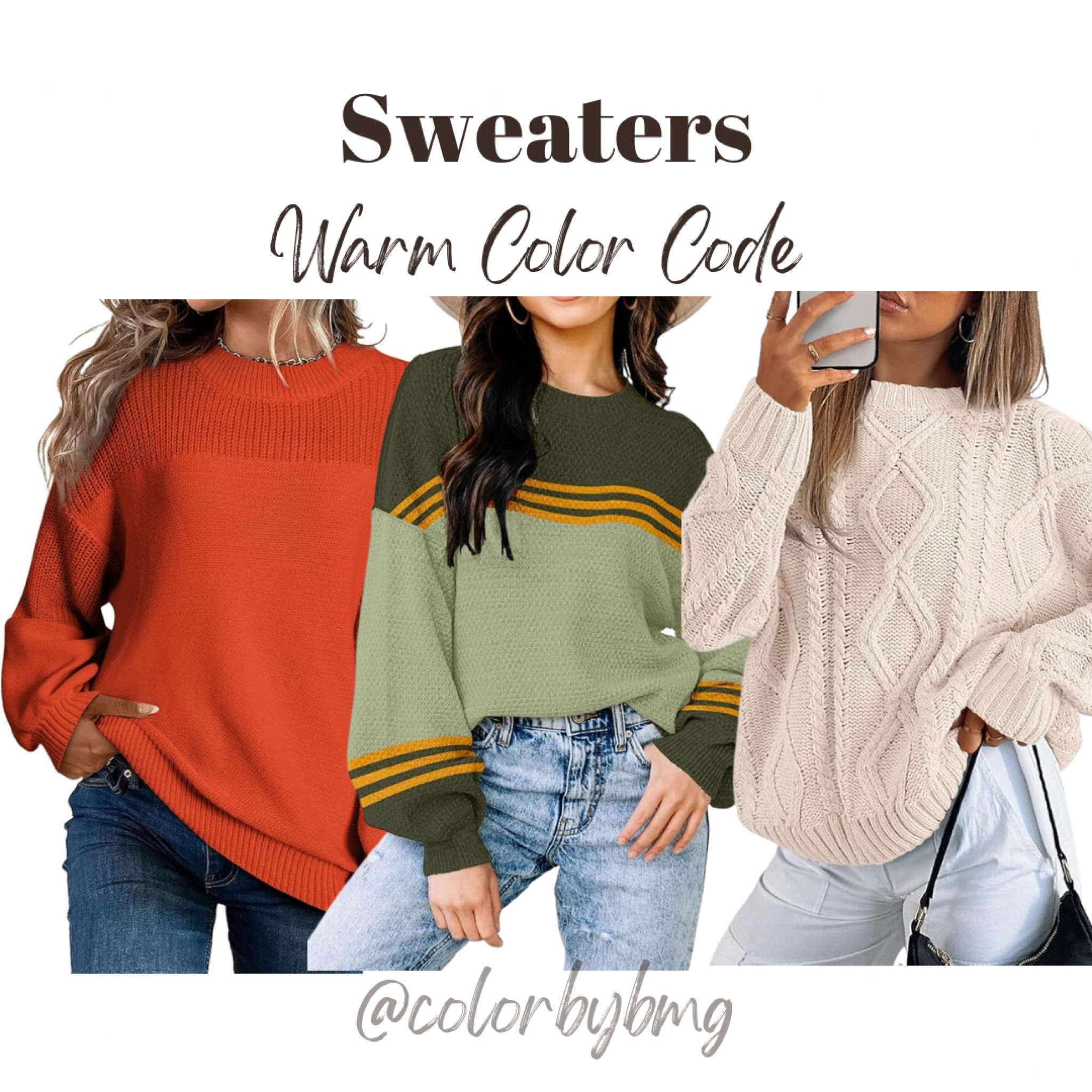Sweaters for Warm Color Codes

Colors:
Orange
Triple Green
Cream

Warm Autumn 
Warm Spring 

#LTKSeasonal